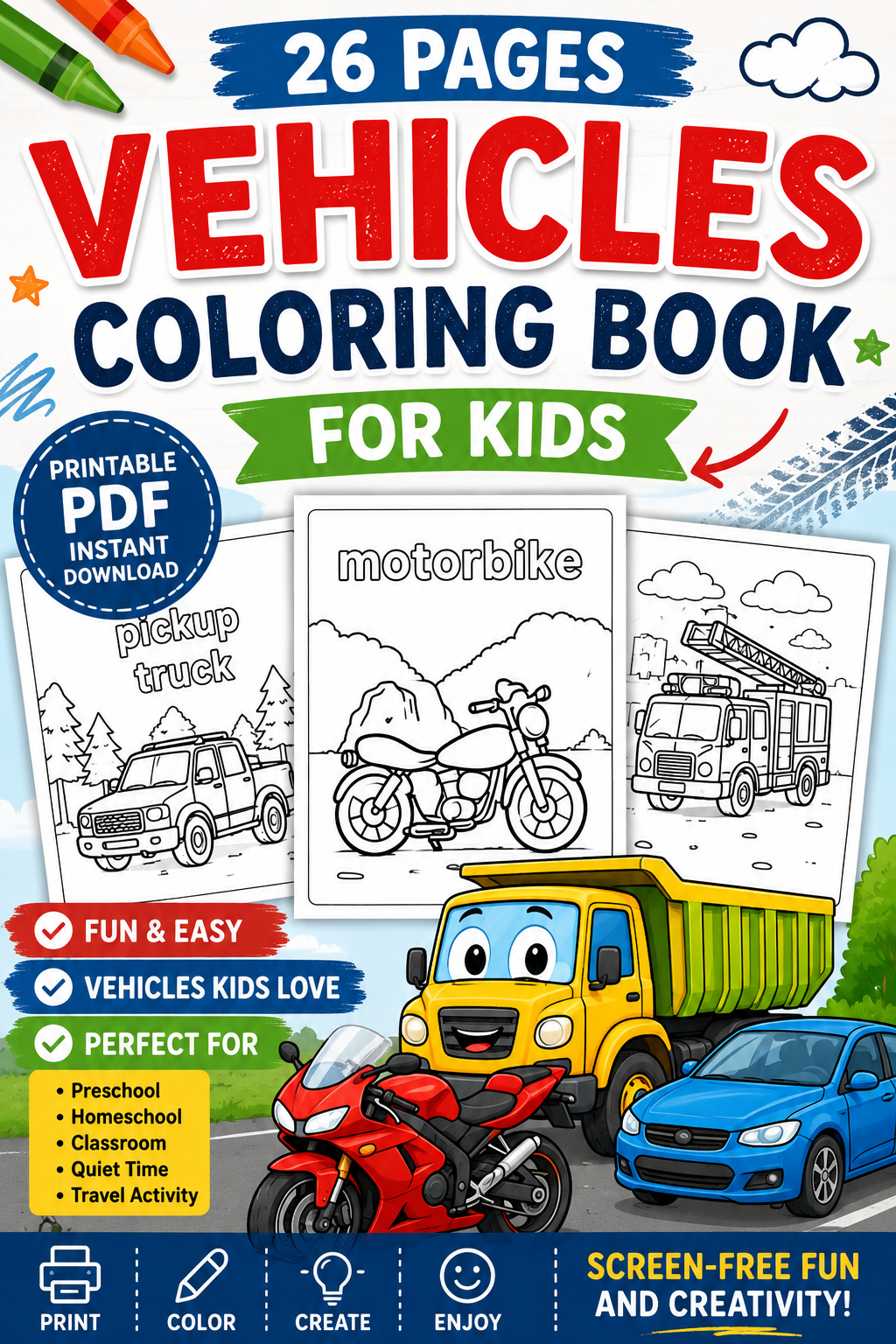 26 Vehicles Coloring Pages Printable PDF, Vehicle Coloring Book for Kids, Cars Trucks Motorbike Coloring Sheets, Instant Download - Mashiro's Mashup
