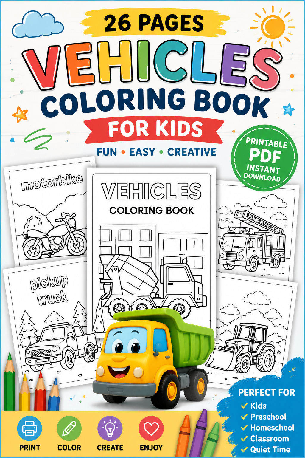 26 Vehicles Coloring Pages Printable PDF, Vehicle Coloring Book for Kids, Cars Trucks Motorbike Coloring Sheets, Instant Download - Mashiro's Mashup