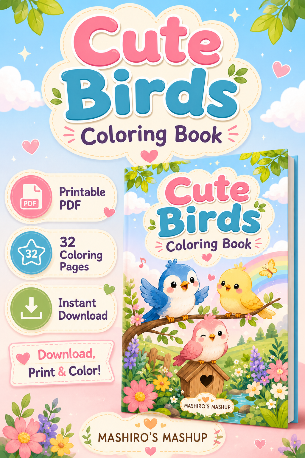 32 Cute Birds Coloring Pages Printable PDF, Bird Coloring Book for Kids, Easy Bird Coloring Sheets, Instant Download - Mashiro's Mashup