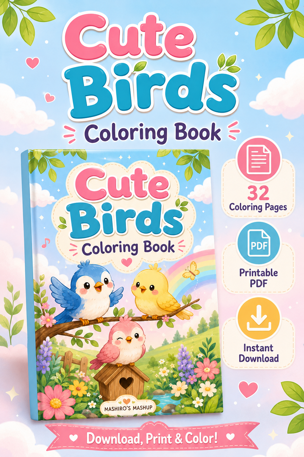 32 Cute Birds Coloring Pages Printable PDF, Bird Coloring Book for Kids, Easy Bird Coloring Sheets, Instant Download - Mashiro's Mashup