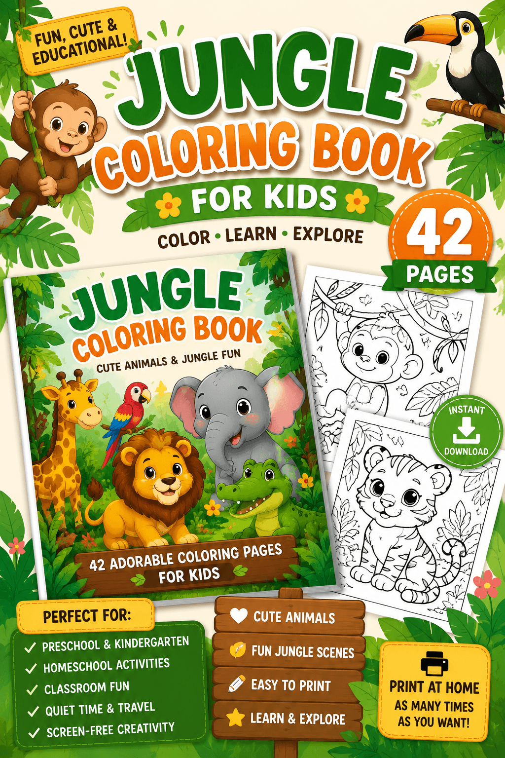 42 Jungle Animals Coloring Pages Printable PDF, Animal Coloring Book for Kids, Cute Wild Animals, Instant Download - Mashiro's Mashup