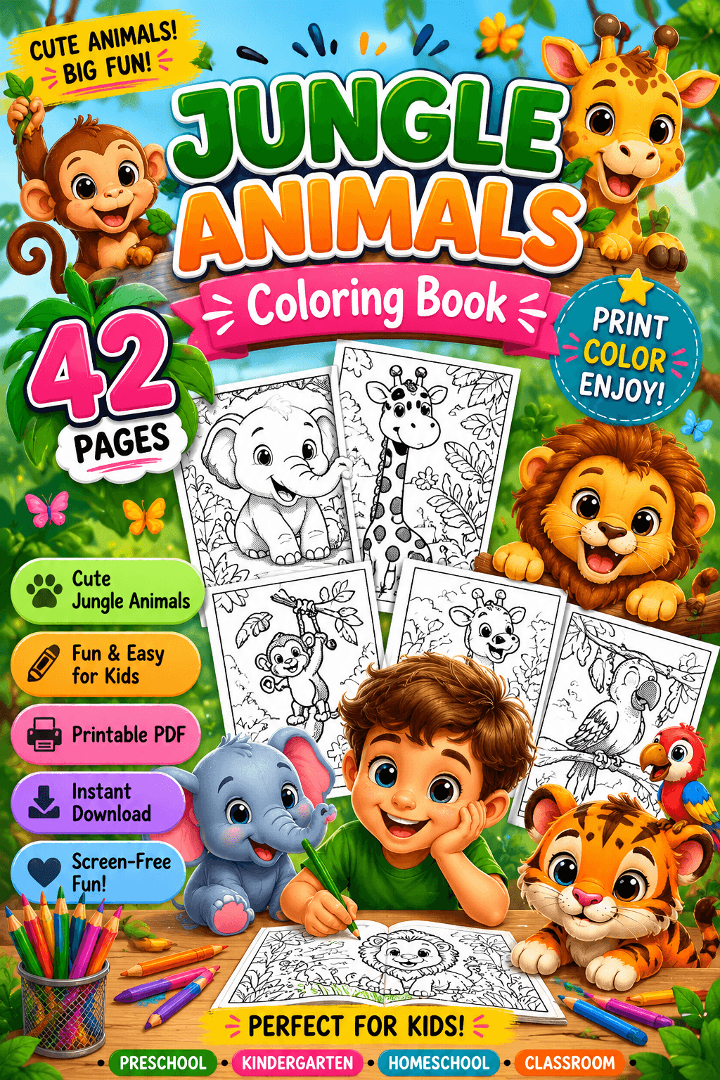 42 Jungle Animals Coloring Pages Printable PDF, Animal Coloring Book for Kids, Cute Wild Animals, Instant Download - Mashiro's Mashup