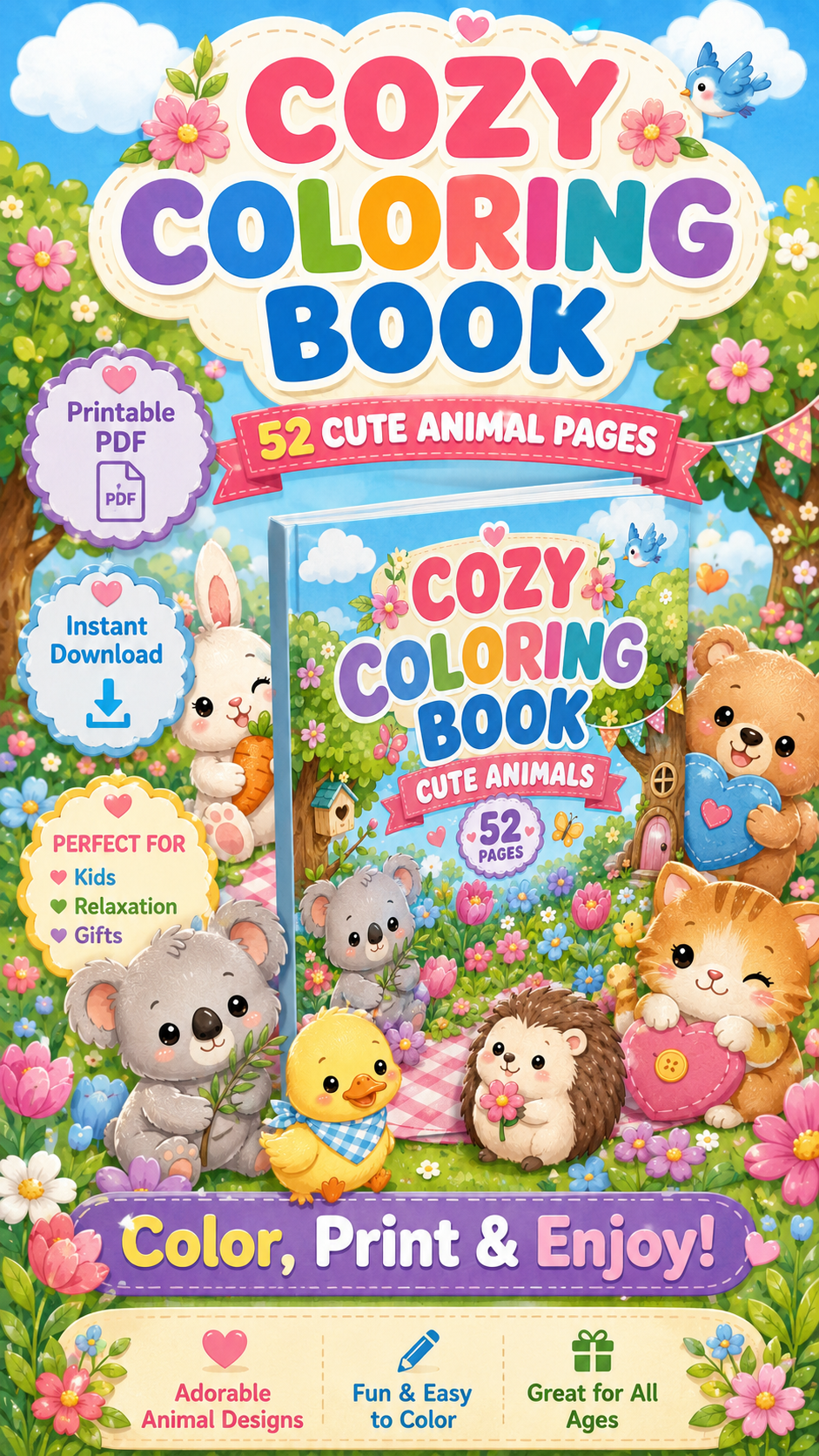 52 Cozy Animal Coloring Pages Printable PDF, Cute Animal Coloring Book for Kids, Kawaii Animals, Instant Download - Mashiro's Mashup