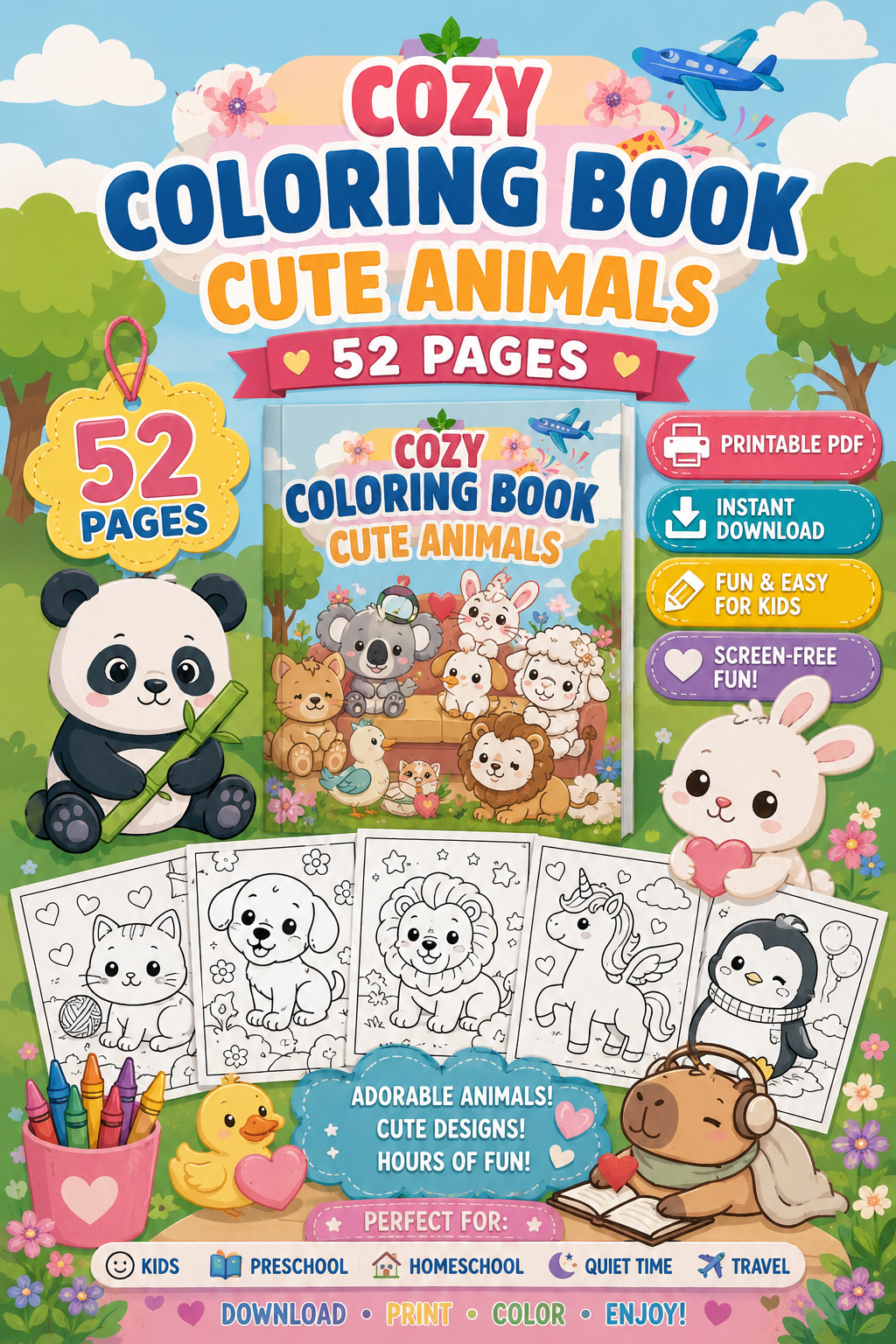 52 Cozy Animal Coloring Pages Printable PDF, Cute Animal Coloring Book for Kids, Kawaii Animals, Instant Download - Mashiro's Mashup