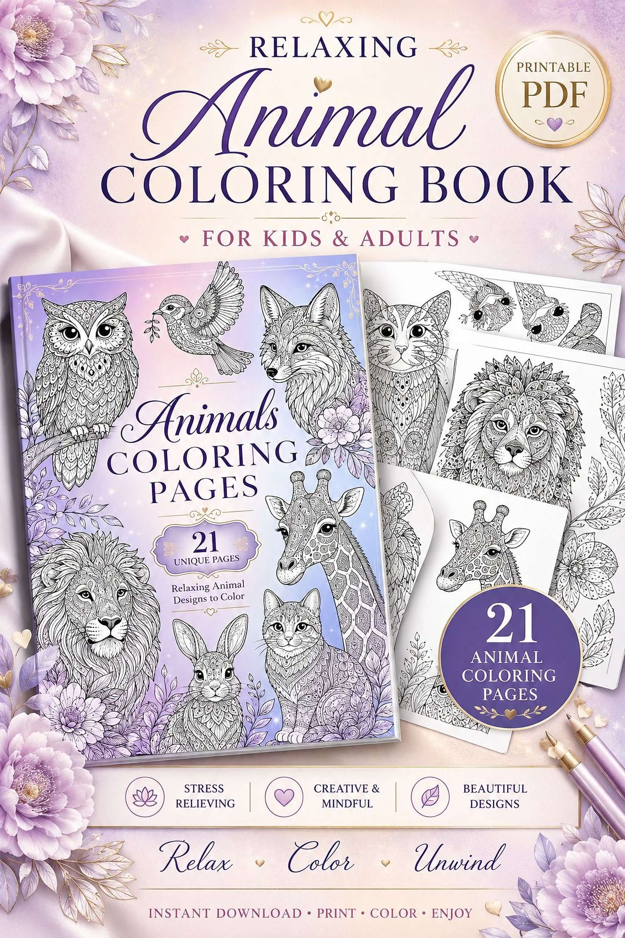 Animal Coloring Pages Printable PDF - Detailed Designs for Kids & Adults | Stress Relief - Mashiro's Mashup