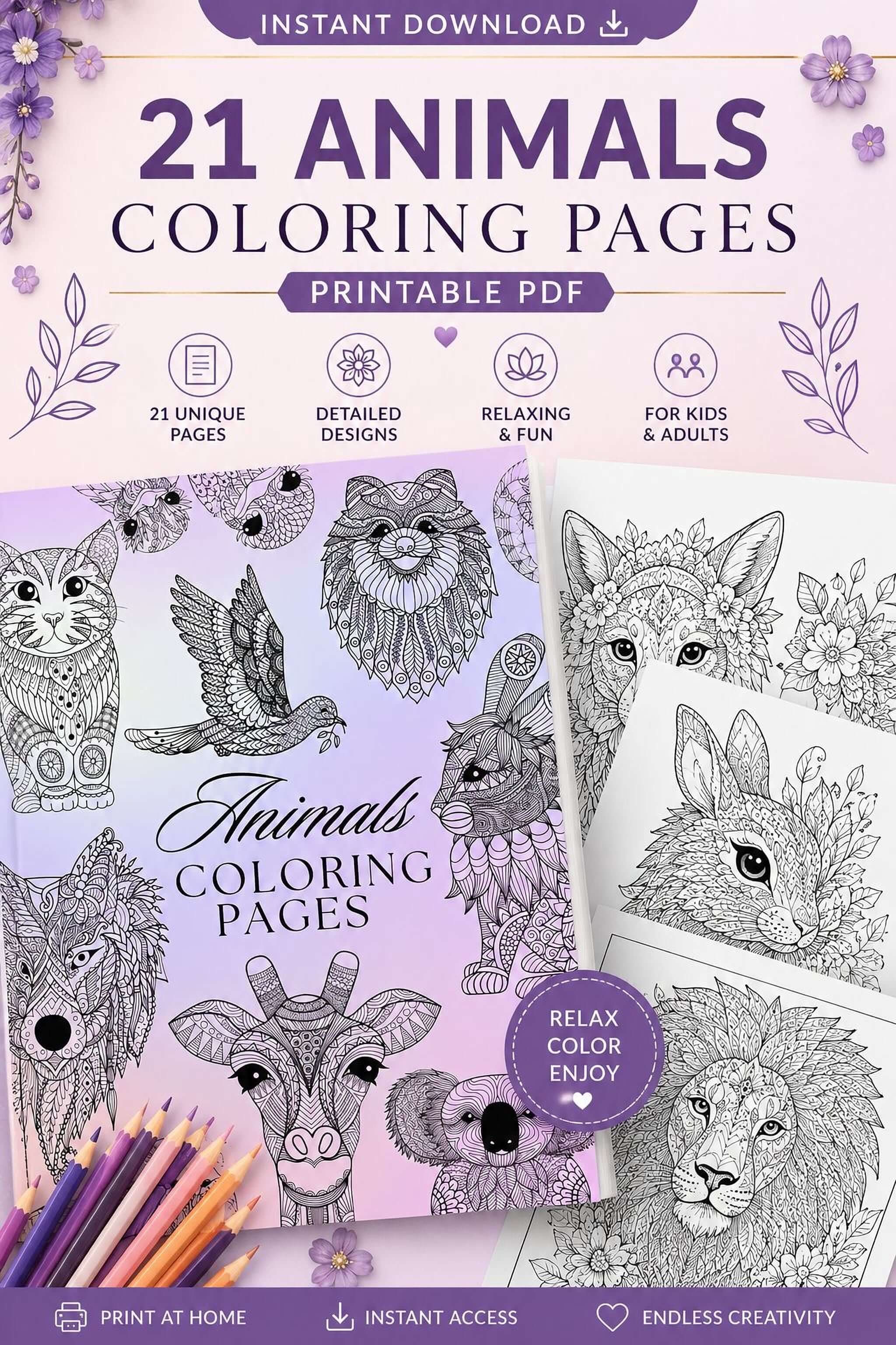 Animal Coloring Pages Printable PDF - Detailed Designs for Kids & Adults | Stress Relief - Mashiro's Mashup