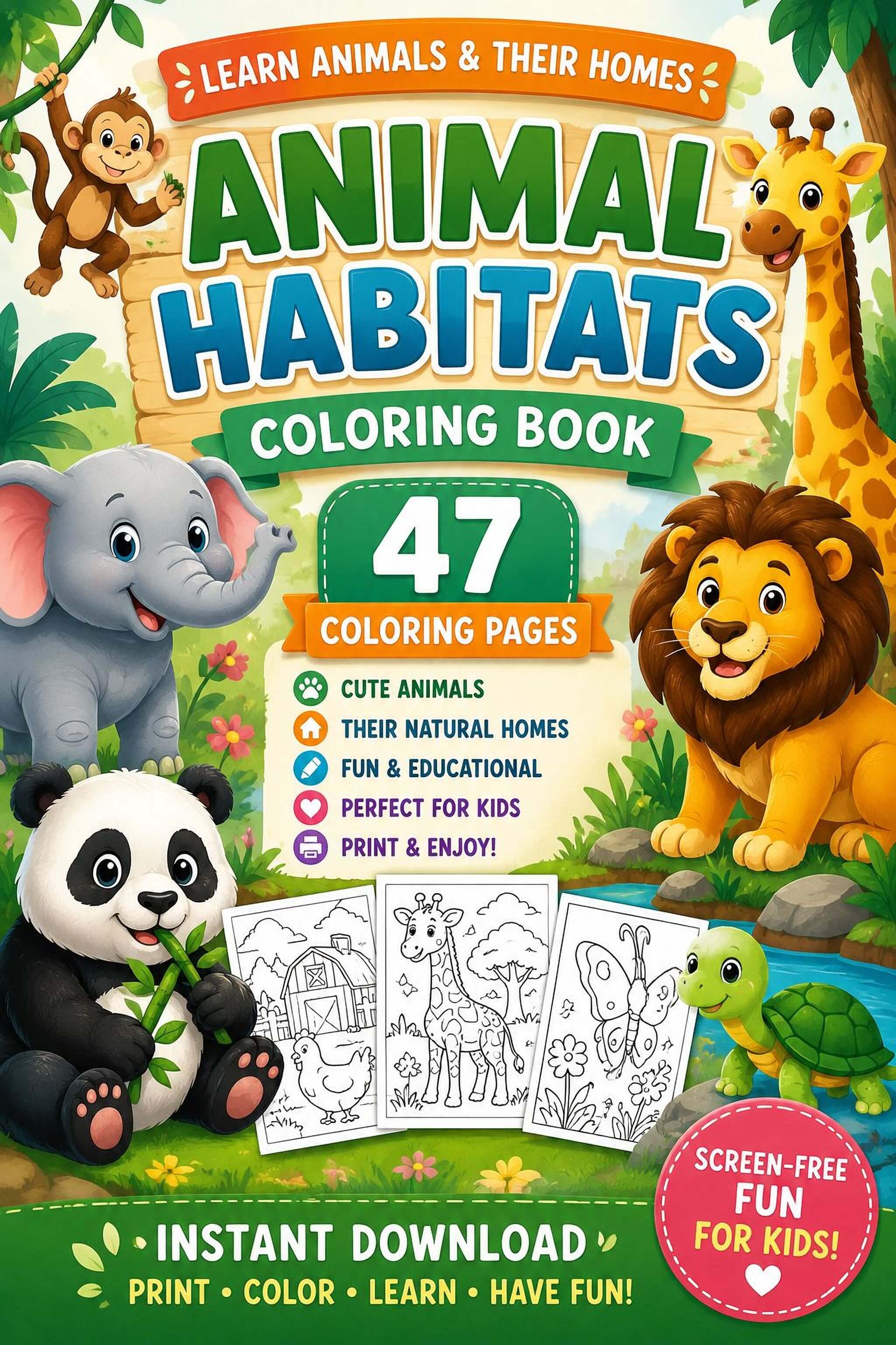Animal Habitats Coloring Pages - Printable PDF Kids Animal Coloring Book, Learn Animals Homes - Mashiro's Mashup