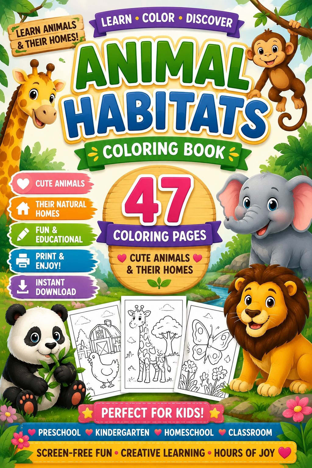 Animal Habitats Coloring Pages - Printable PDF Kids Animal Coloring Book, Learn Animals Homes - Mashiro's Mashup