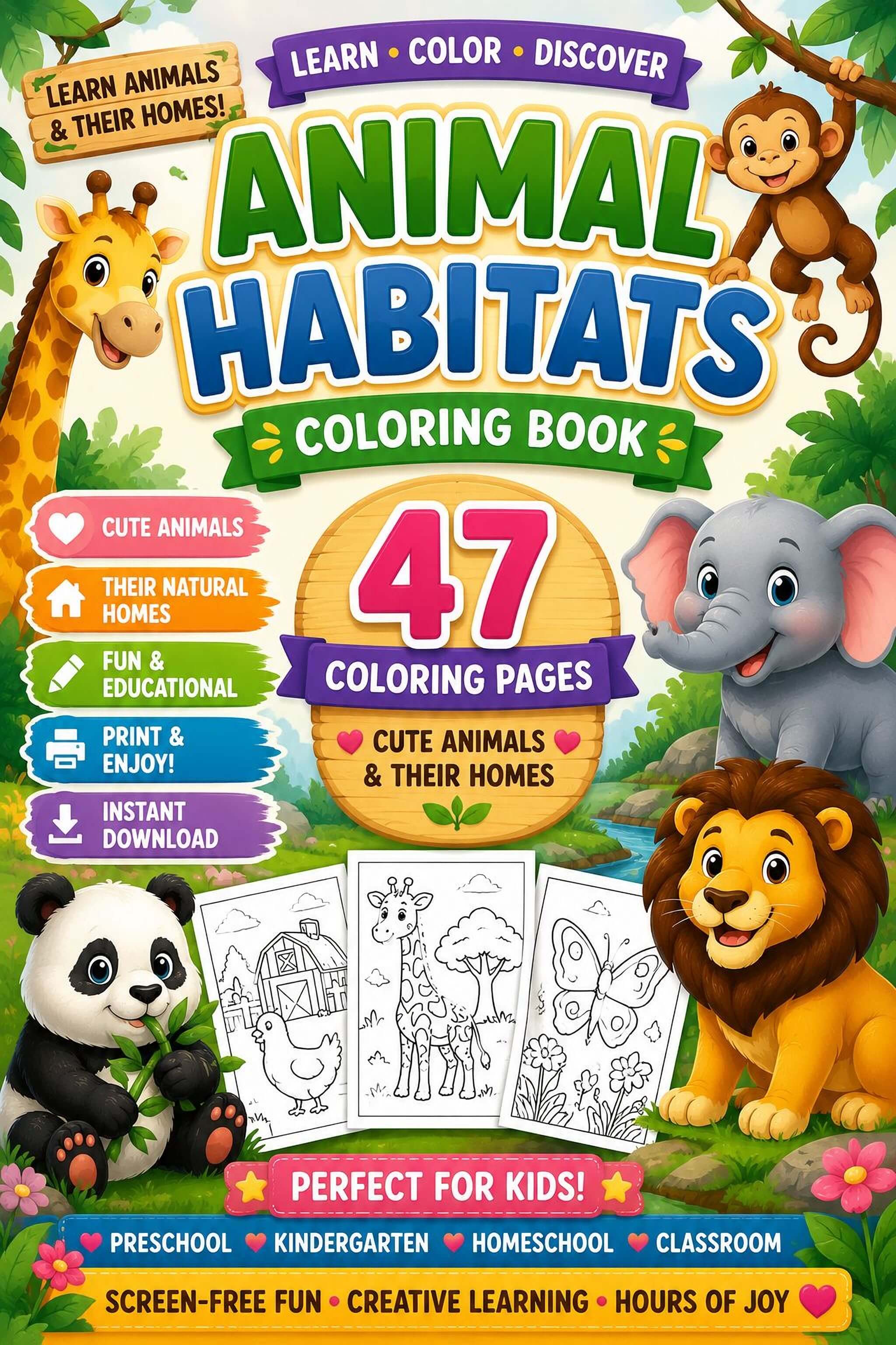Animal Habitats Coloring Pages - Printable PDF Kids Animal Coloring Book, Learn Animals Homes - Mashiro's Mashup