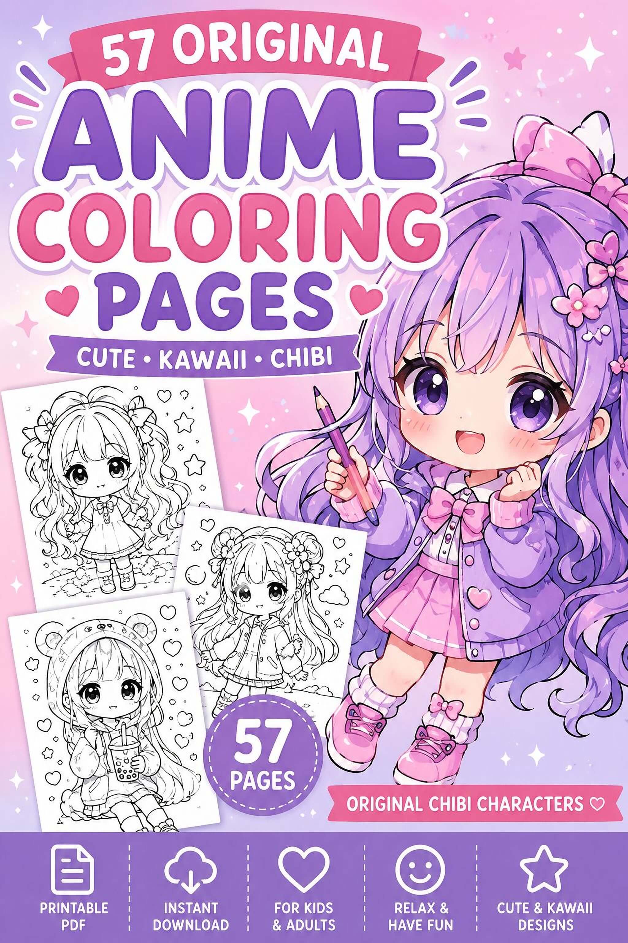 Cute Anime Coloring Pages – 57 Original Chibi Characters Printable PDF Book - Mashiro's Mashup