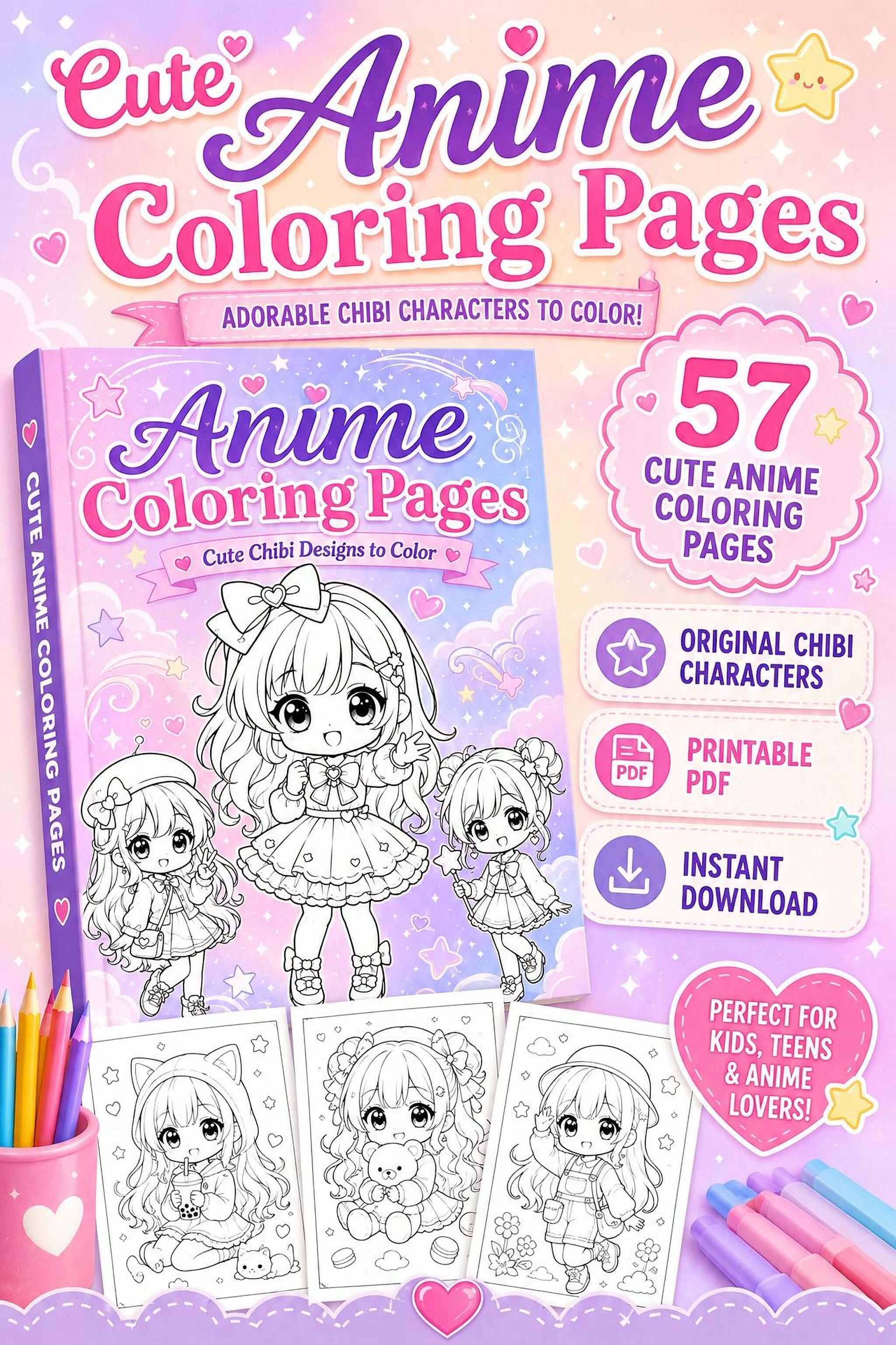 Cute Anime Coloring Pages – 57 Original Chibi Characters Printable PDF Book - Mashiro's Mashup