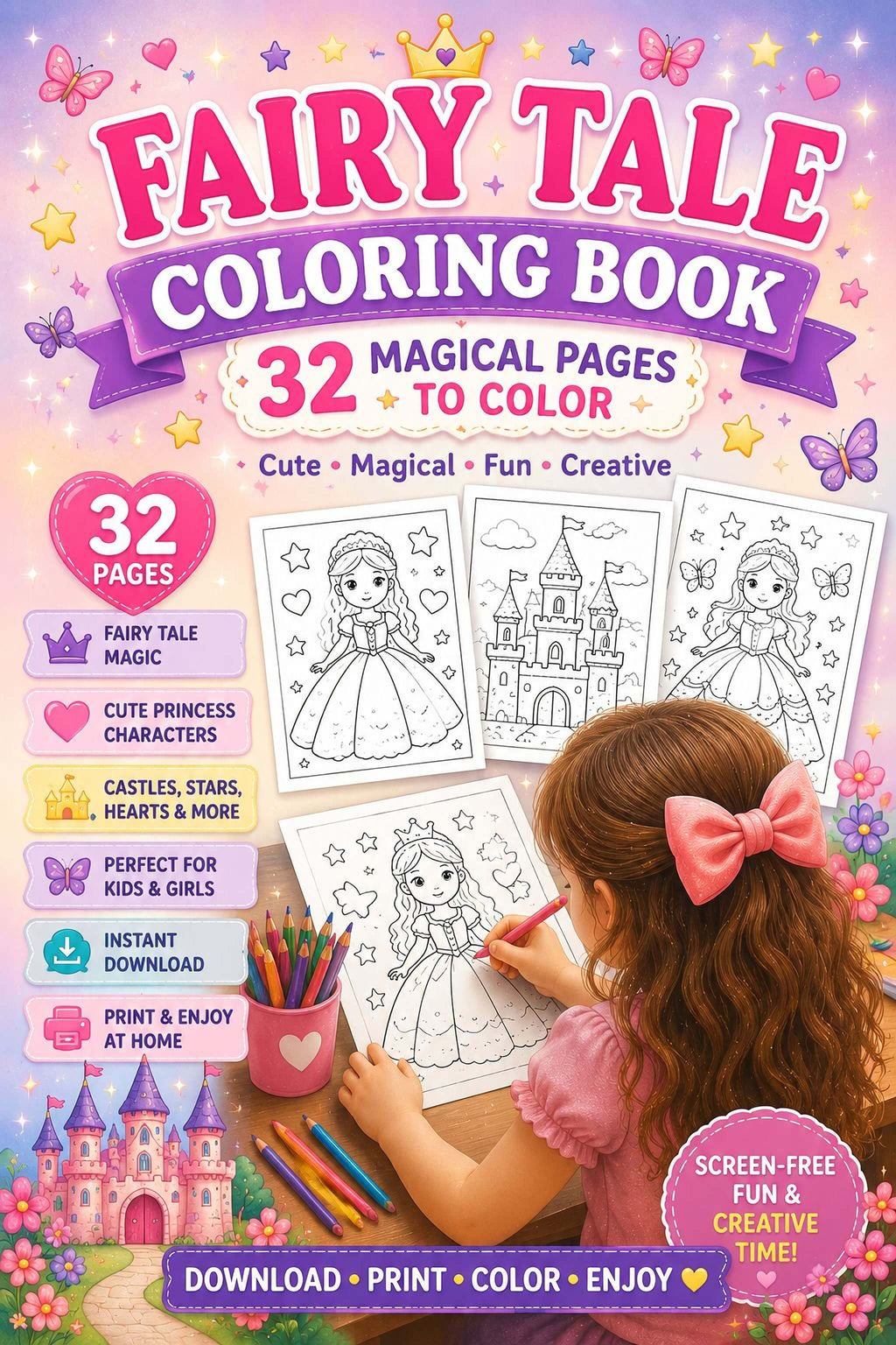 Fairy Tale Coloring Pages - Printable PDF With Magical Princess & Cute Fantasy - Mashiro's Mashup