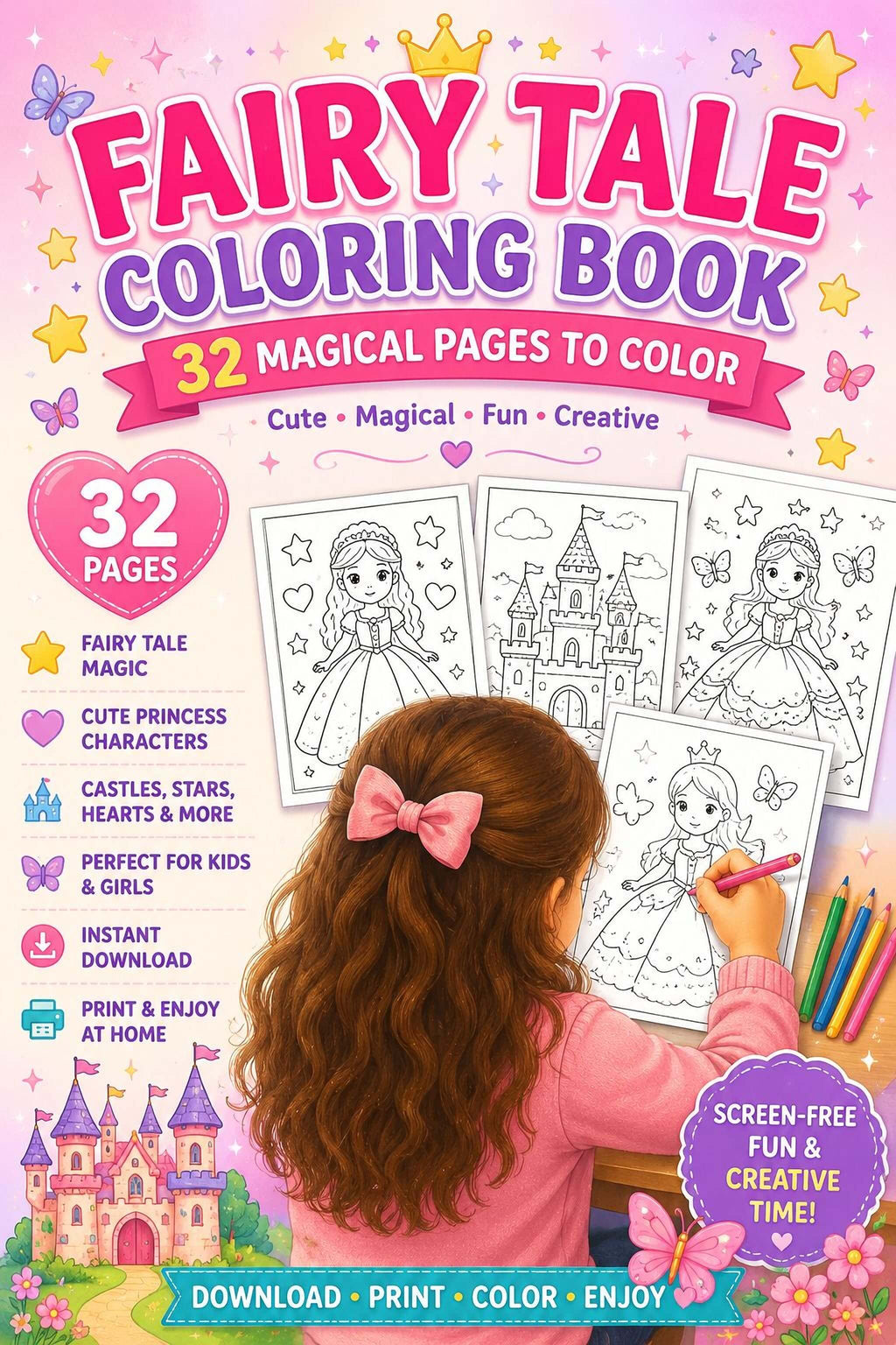 Fairy Tale Coloring Pages - Printable PDF With Magical Princess & Cute Fantasy - Mashiro's Mashup