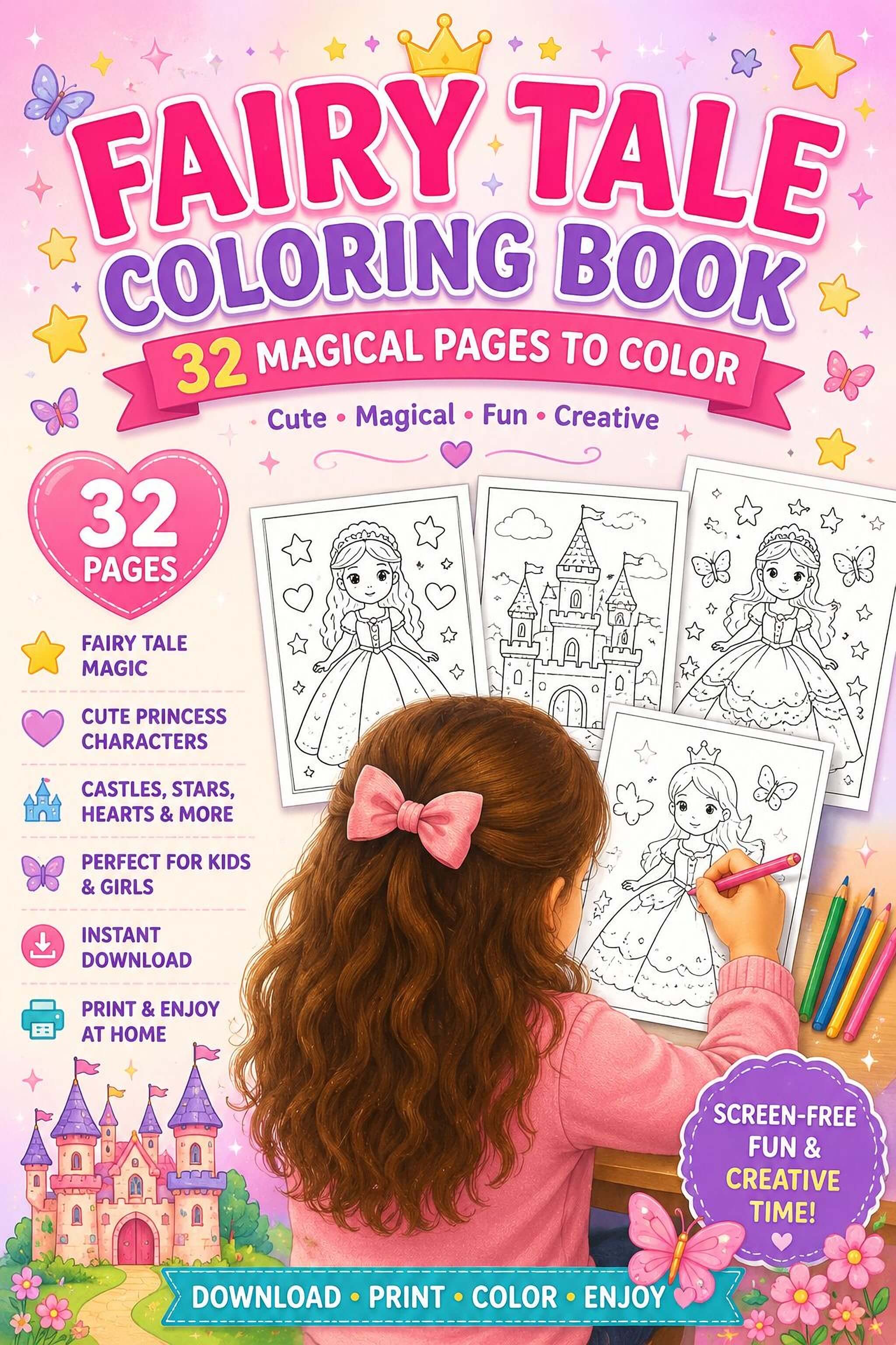 Fairy Tale Coloring Pages - Printable PDF With Magical Princess & Cute Fantasy - Mashiro's Mashup