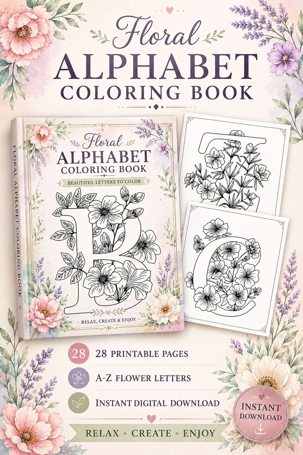 Floral Alphabet Coloring Pages – A-Z Flower Letter Designs Printable PDF - Mashiro's Mashup