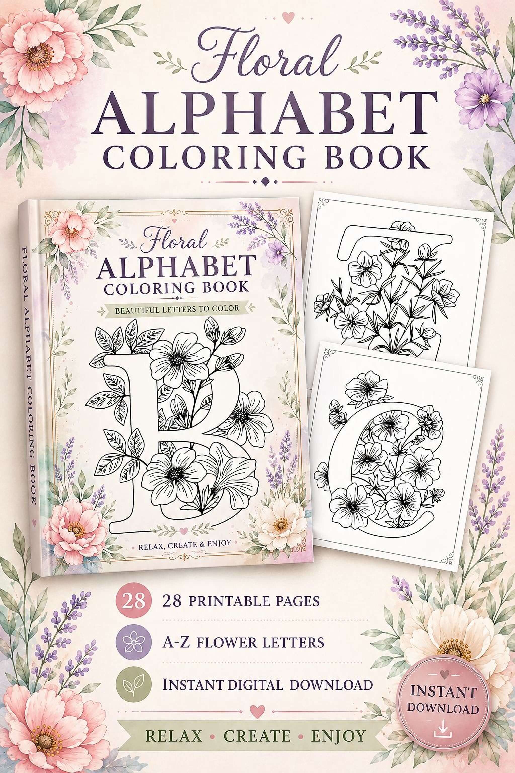 Floral Alphabet Coloring Pages – A-Z Flower Letter Designs Printable PDF - Mashiro's Mashup