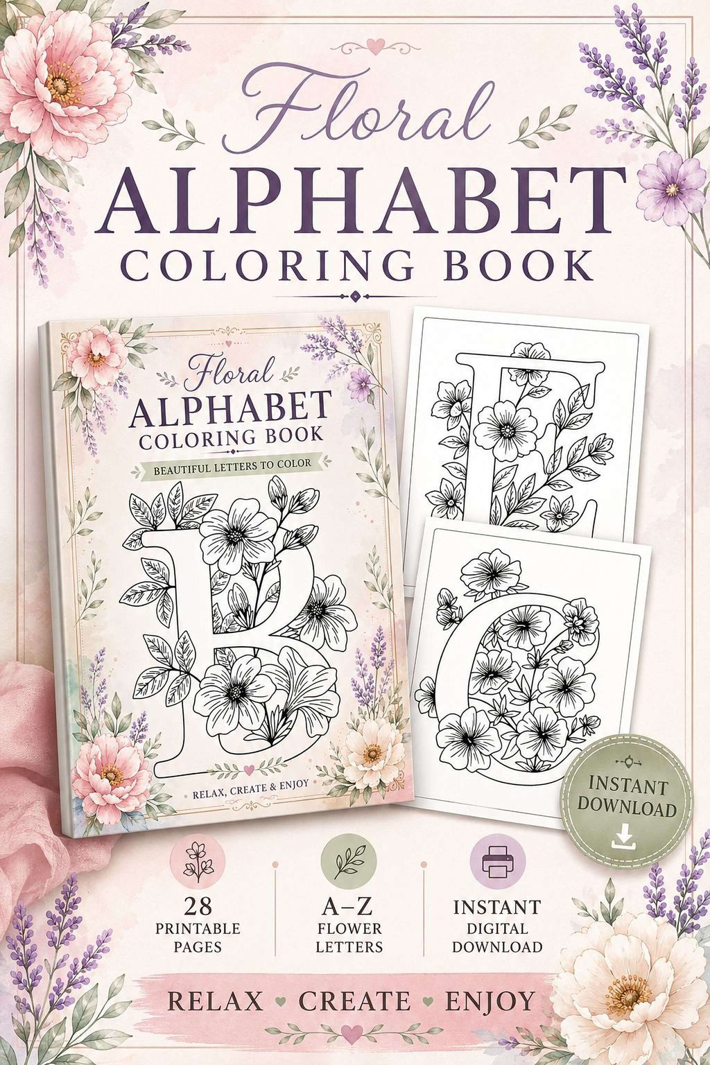 Floral Alphabet Coloring Pages – A-Z Flower Letter Designs Printable PDF - Mashiro's Mashup