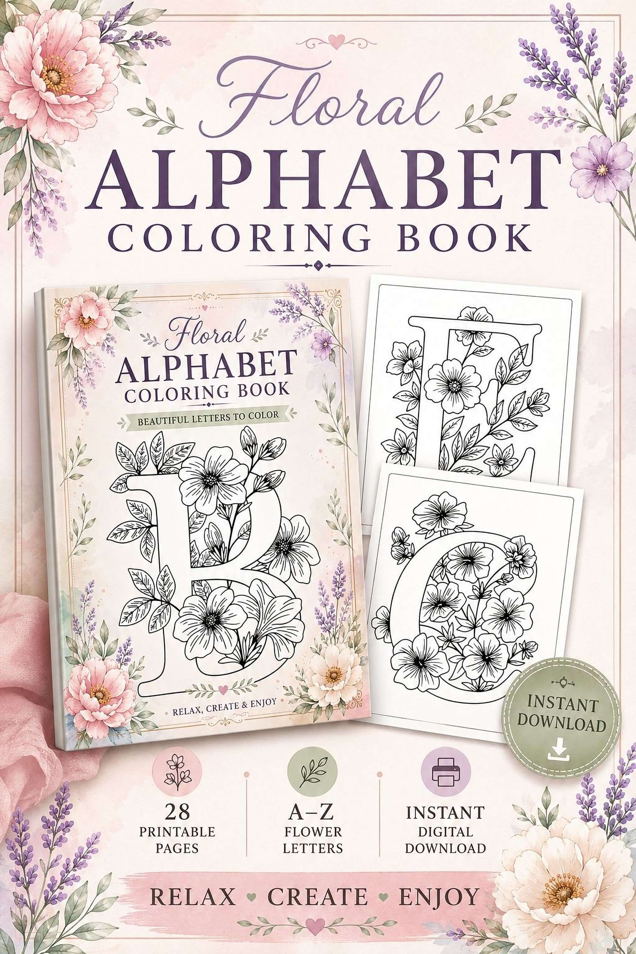 Floral Alphabet Coloring Pages – A-Z Flower Letter Designs Printable PDF - Mashiro's Mashup