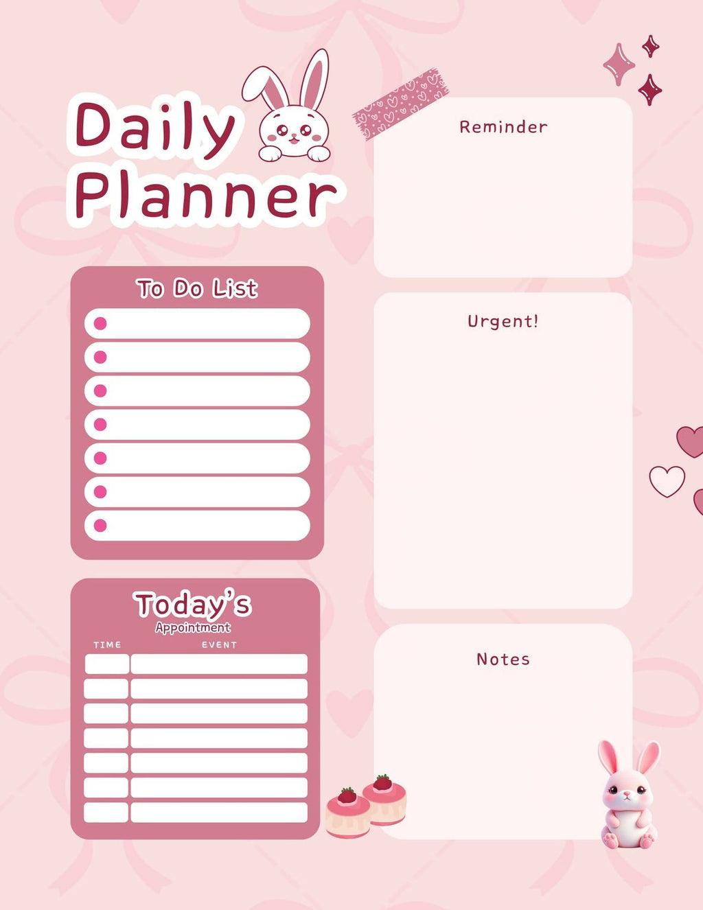 Kawaii Daily Planner - Pink Bunny Printable Planner PDF | 100 Organizer Pages - Mashiro's Mashup