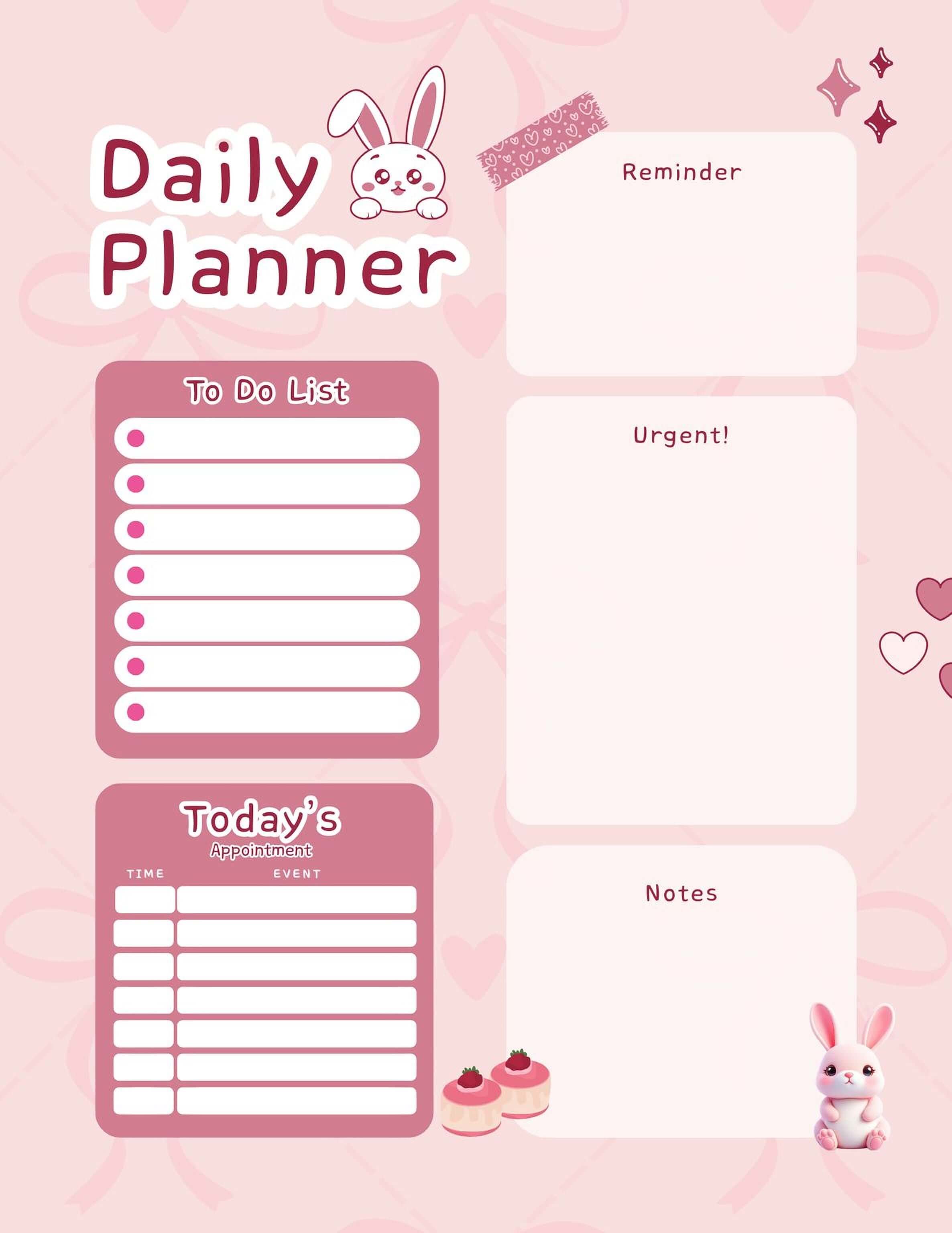 Kawaii Daily Planner - Pink Bunny Printable Planner PDF | 100 Organizer Pages - Mashiro's Mashup