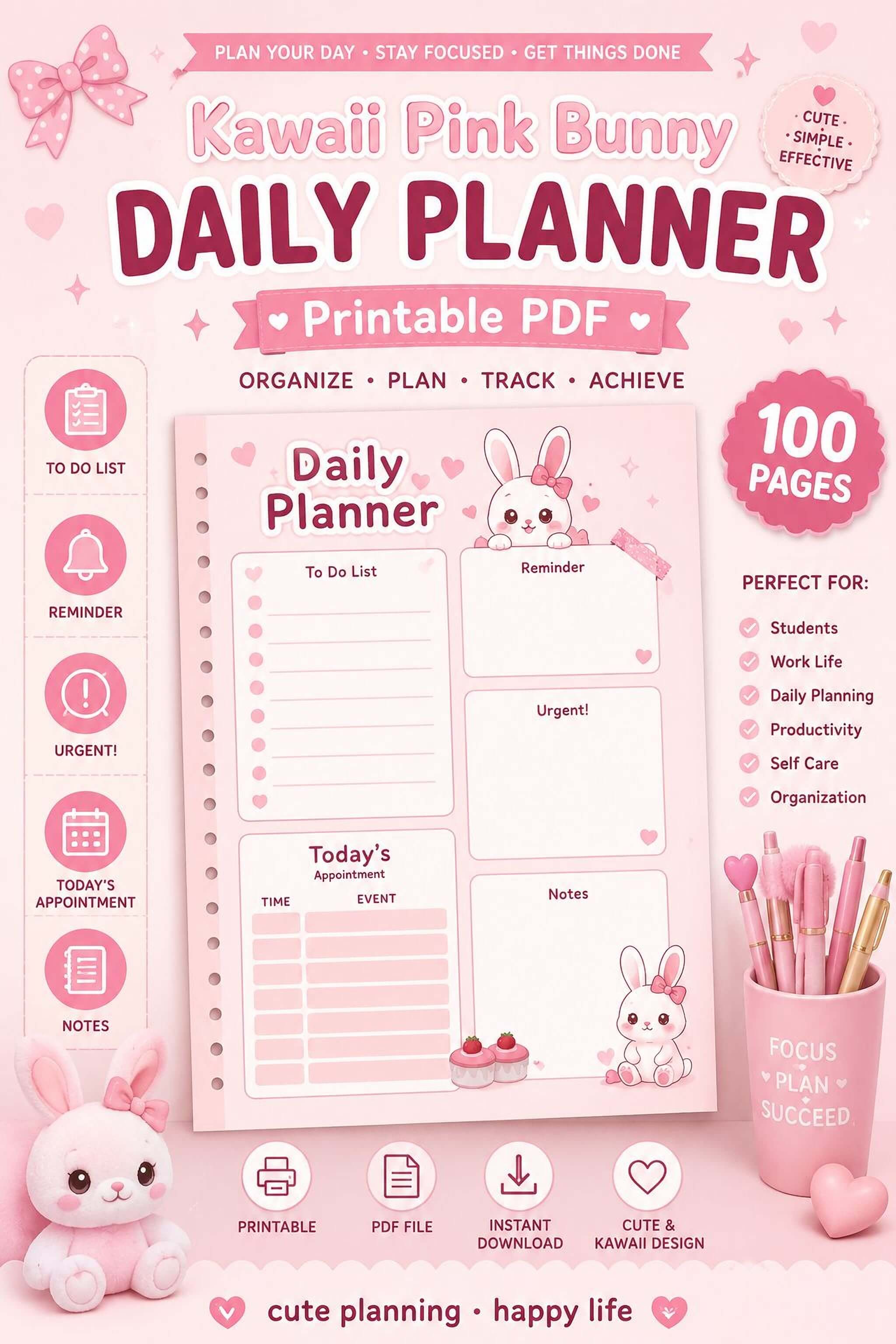 Kawaii Daily Planner - Pink Bunny Printable Planner PDF | 100 Organizer Pages - Mashiro's Mashup