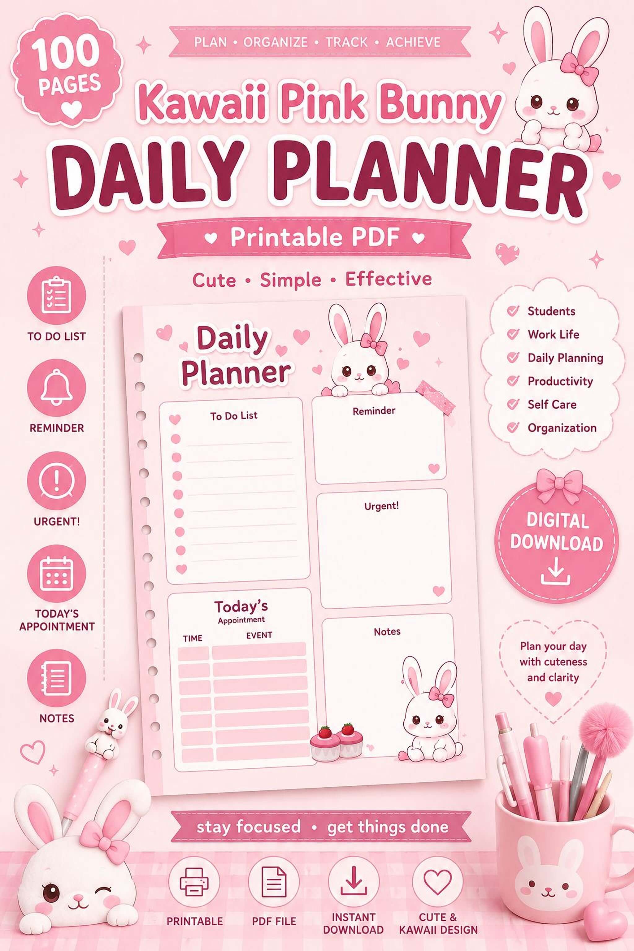 Kawaii Daily Planner - Pink Bunny Printable Planner PDF | 100 Organizer Pages - Mashiro's Mashup