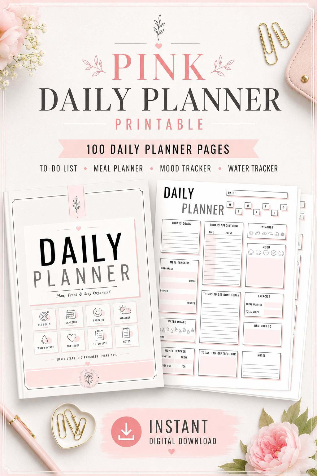 Pink Daily Planner - Printable Planner PDF | 100 Daily Organizer Pages & Meal Tracker - Mashiro's Mashup