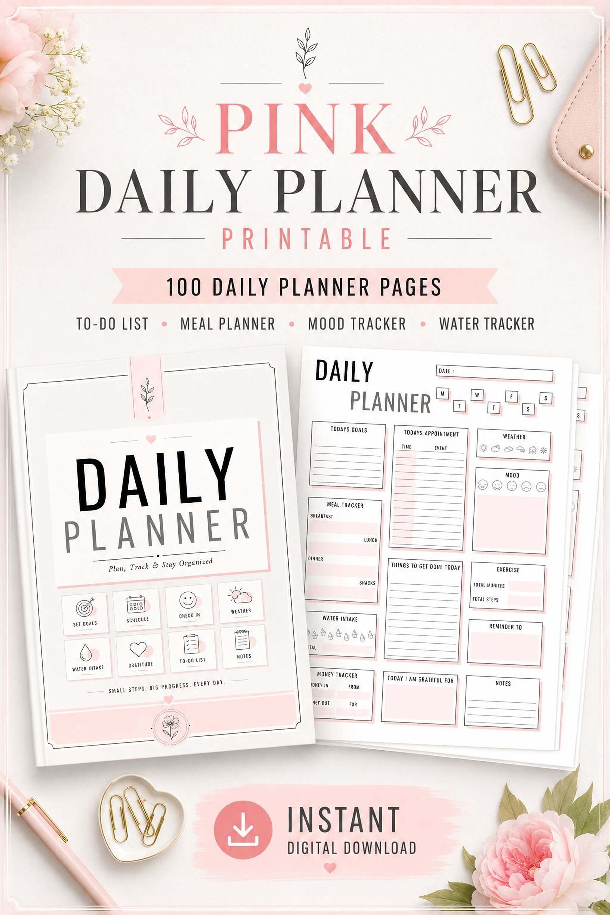 Pink Daily Planner - Printable Planner PDF | 100 Daily Organizer Pages & Meal Tracker - Mashiro's Mashup