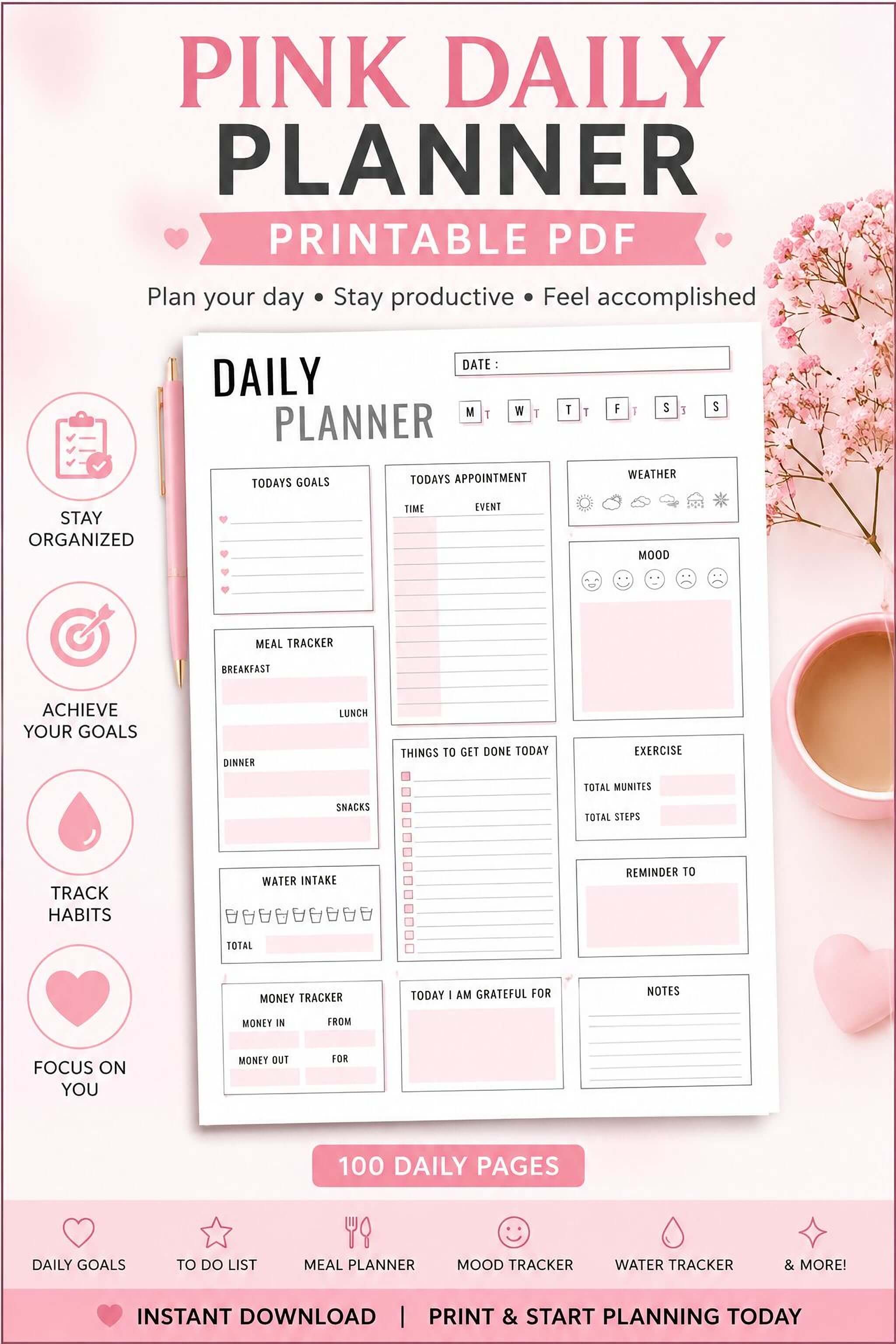 Pink Daily Planner - Printable Planner PDF | 100 Daily Organizer Pages & Meal Tracker - Mashiro's Mashup
