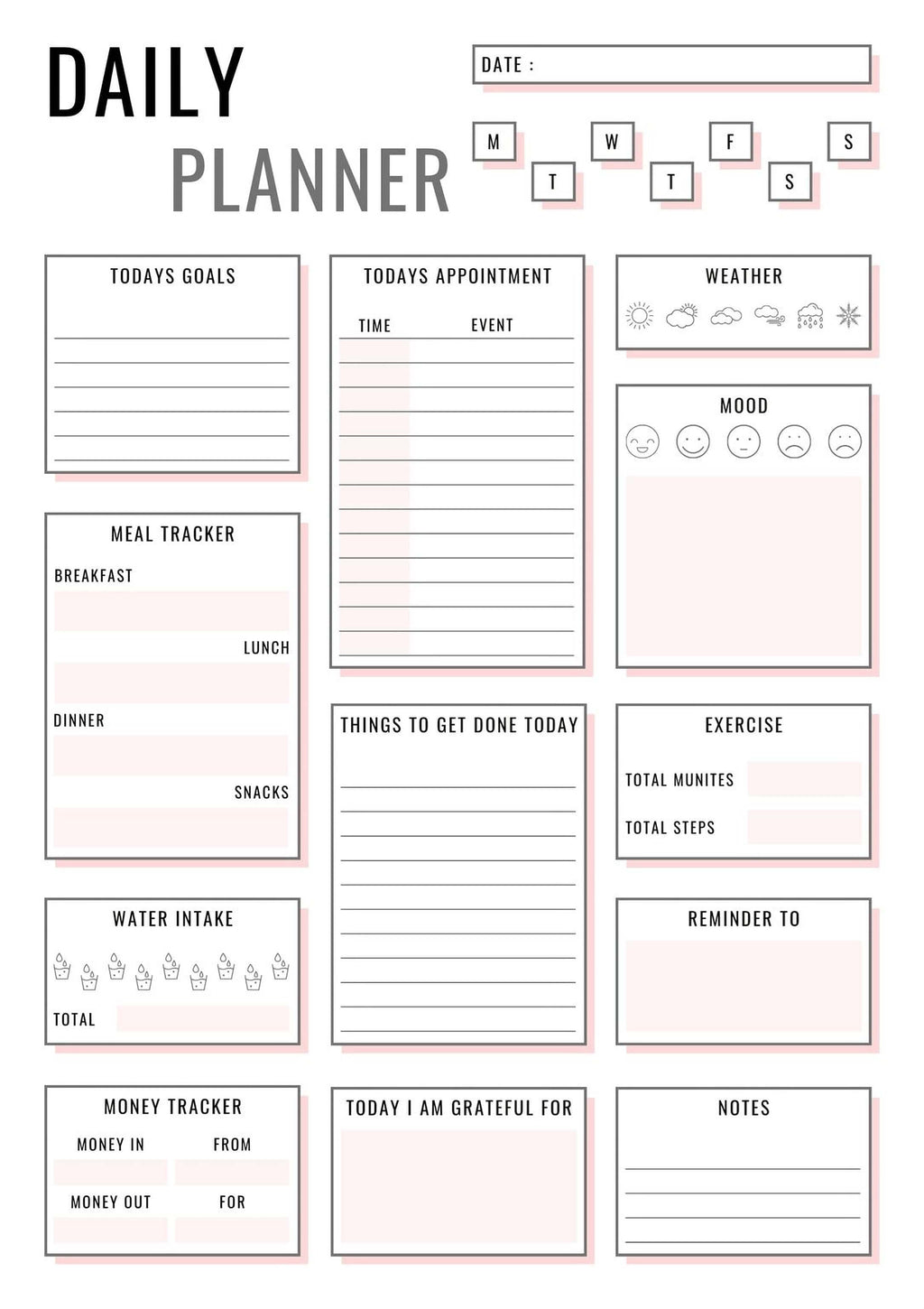 Pink Daily Planner - Printable Planner PDF | 100 Daily Organizer Pages & Meal Tracker - Mashiro's Mashup