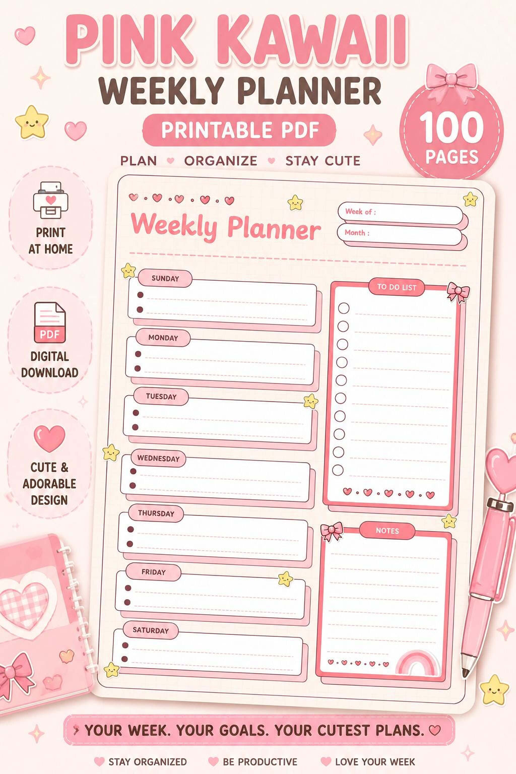 Pink Kawaii Planner - Cute Weekly Organizer & Printable Planner PDF Download - Mashiro's Mashup