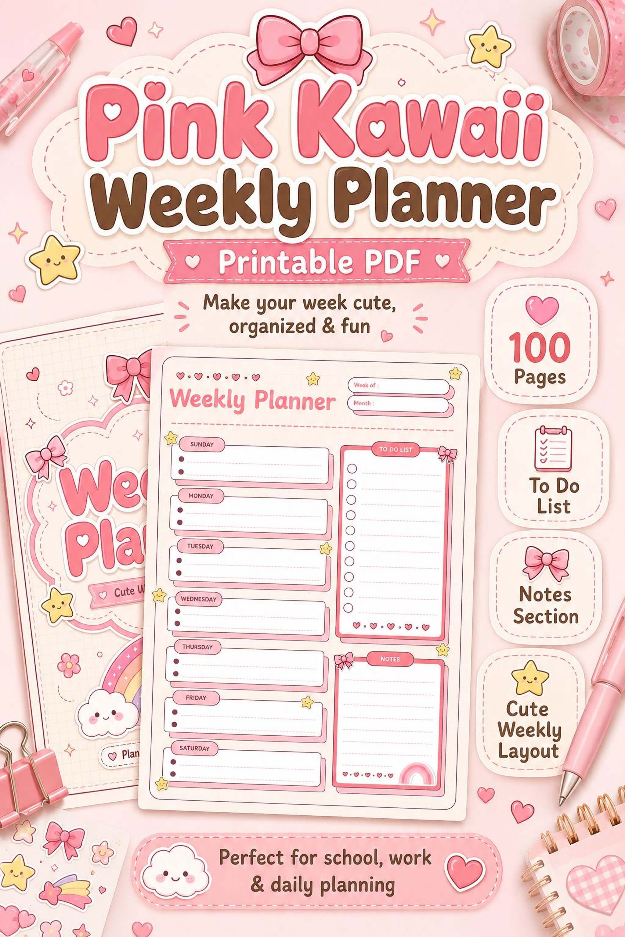 Pink Kawaii Planner - Cute Weekly Organizer & Printable Planner PDF Download - Mashiro's Mashup