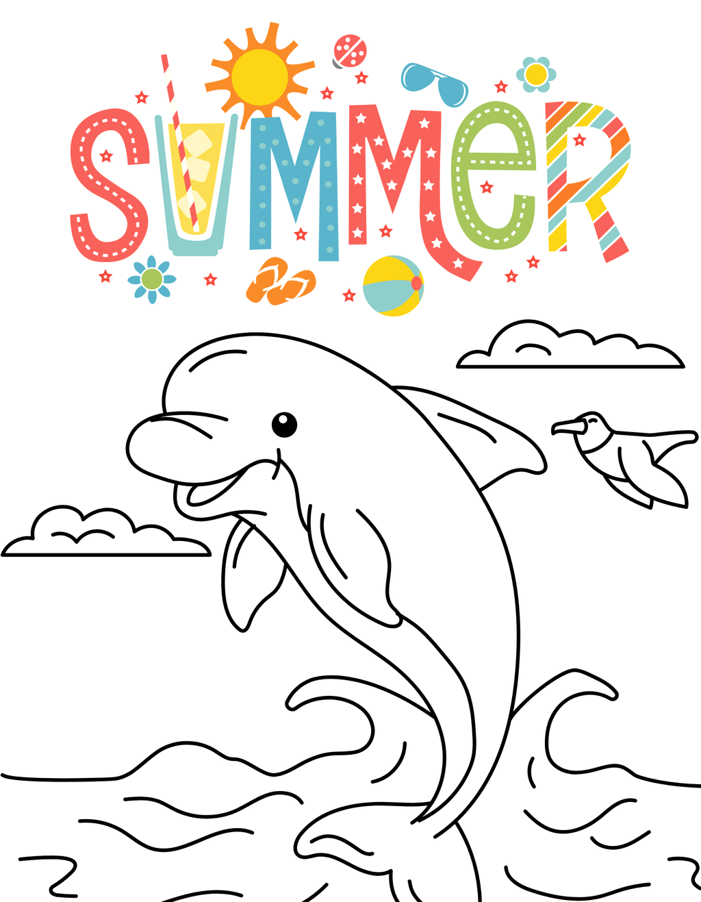 Summer Coloring Pages - Kids Printable Coloring Book PDF with Beach & Ocean Animals - Mashiro's Mashup