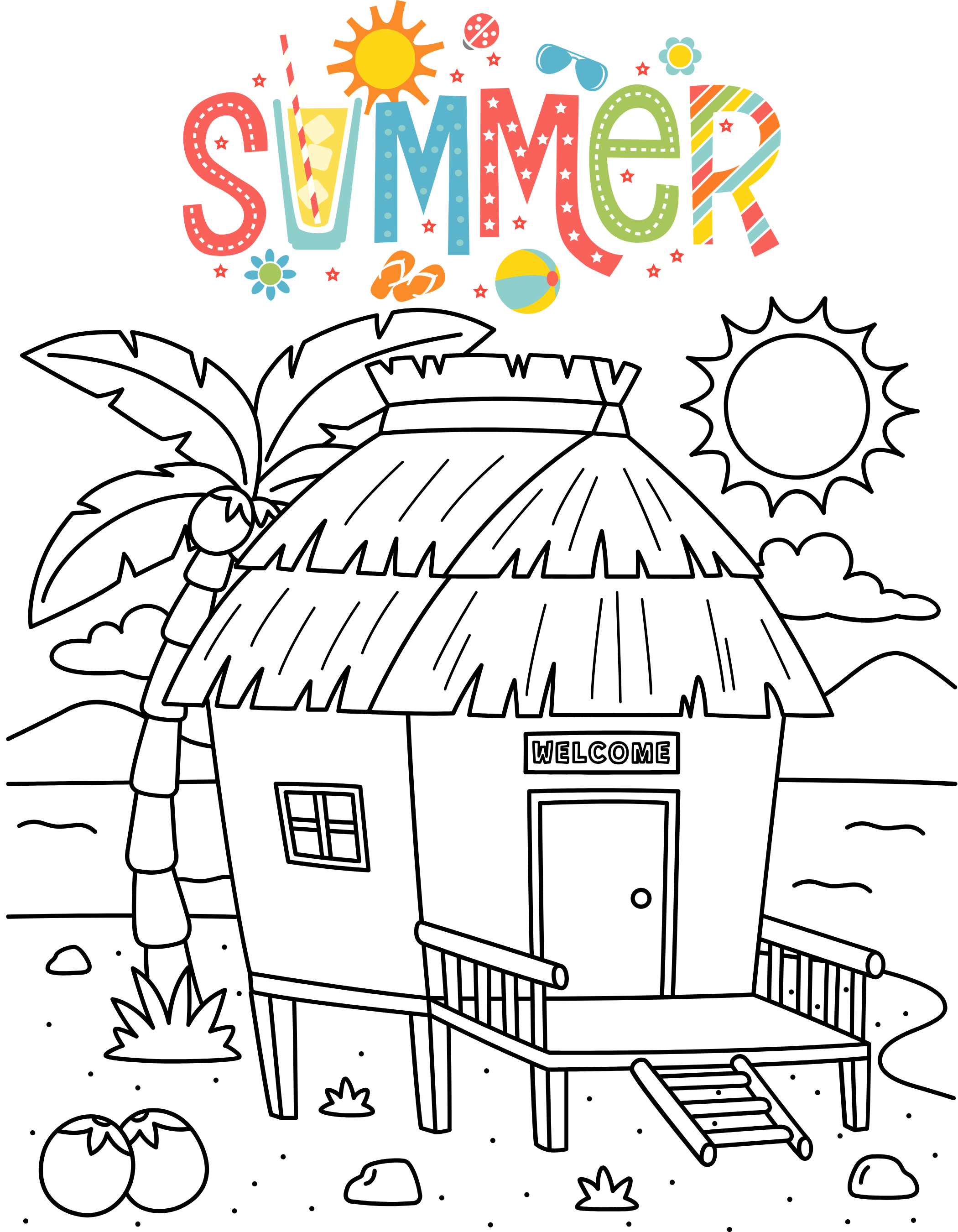 Summer Coloring Pages - Kids Printable Coloring Book PDF with Beach & Ocean Animals - Mashiro's Mashup