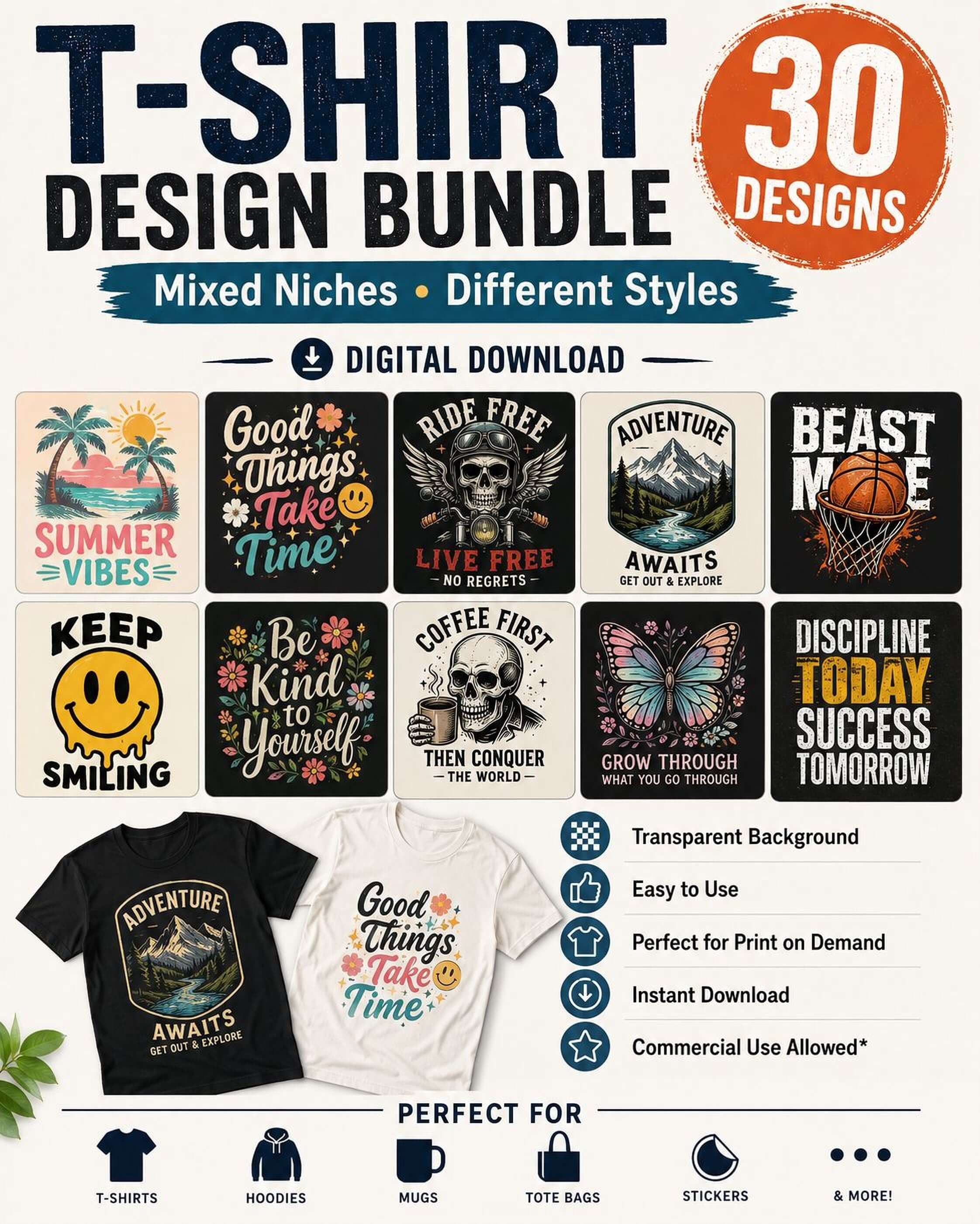 T-Shirt Design Bundle – 30 PNG Sublimation Graphics | Mixed Niche Print on Demand Designs - Mashiro's Mashup