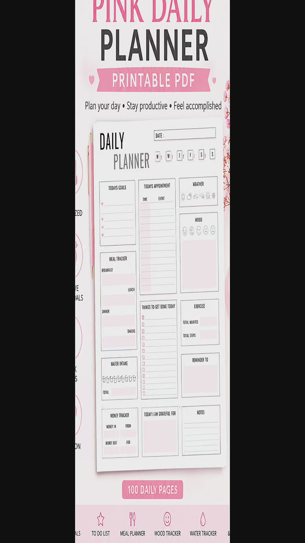 Pink Daily Planner – Druckbarer Planer PDF | 100 tägliche Organizer-Seiten & Essensplaner