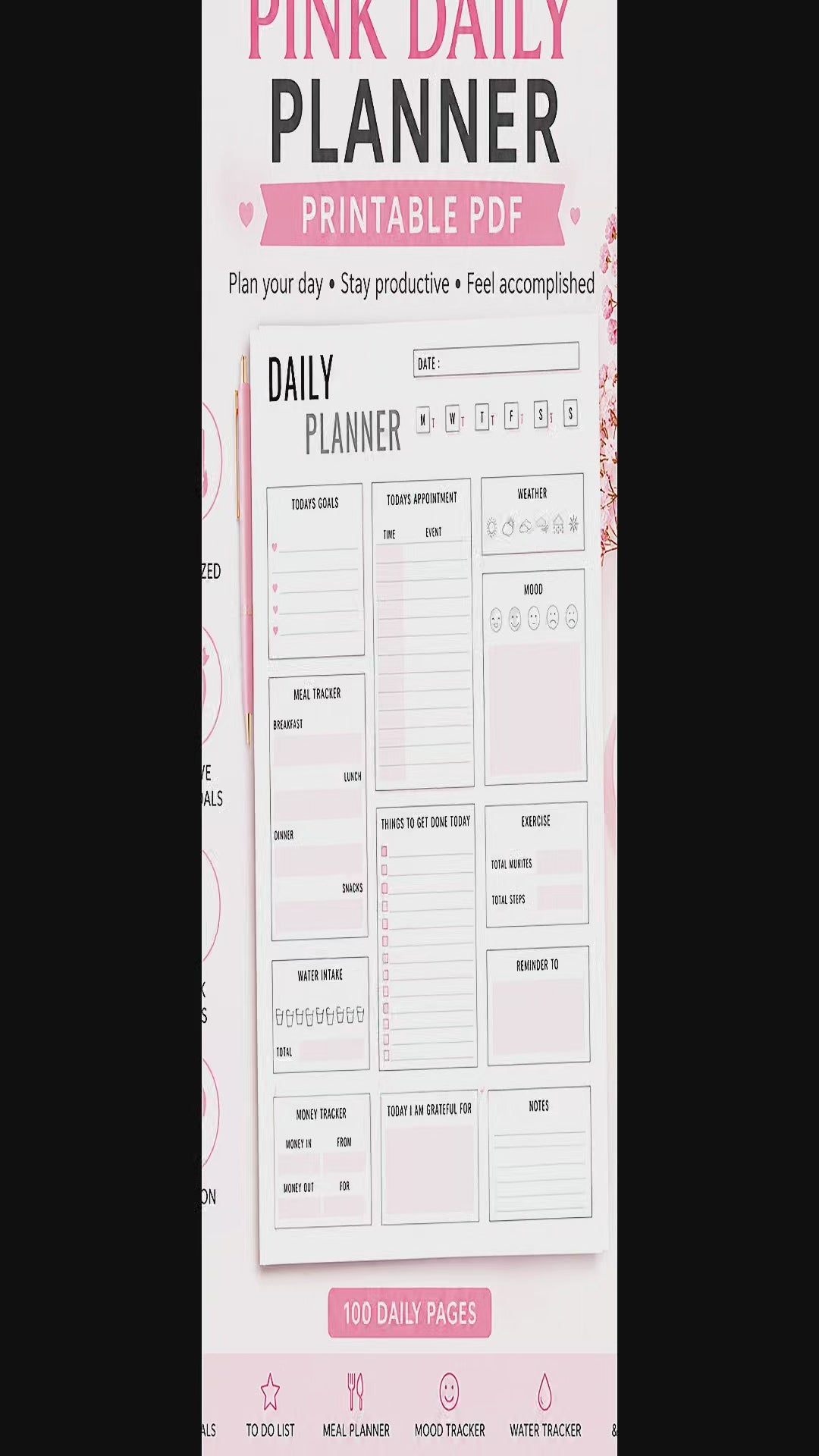Pink Daily Planner – Druckbarer Planer PDF | 100 tägliche Organizer-Seiten & Essensplaner